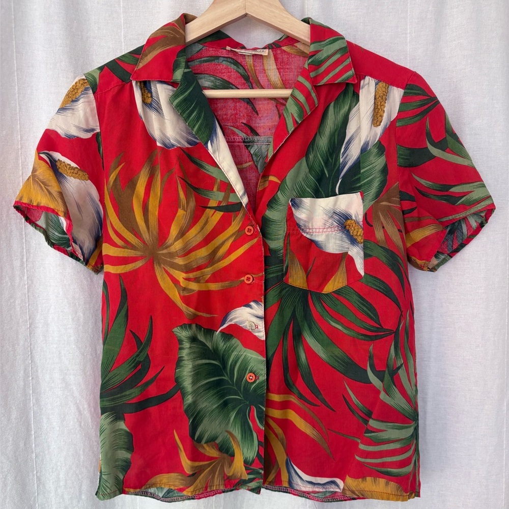 Tropical Print Red Blouse